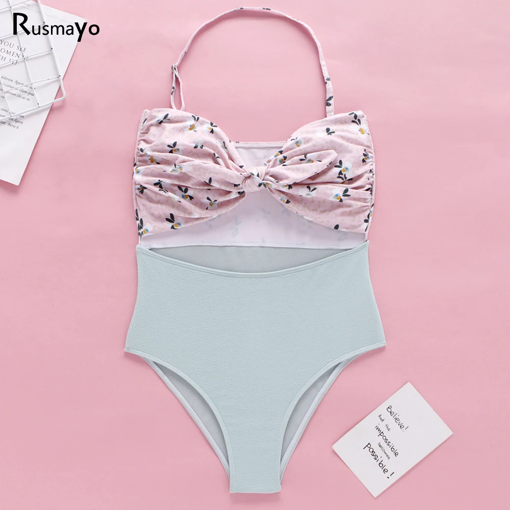 Женский купальник с высокой талией бандо розовый костюм купальный Цельный