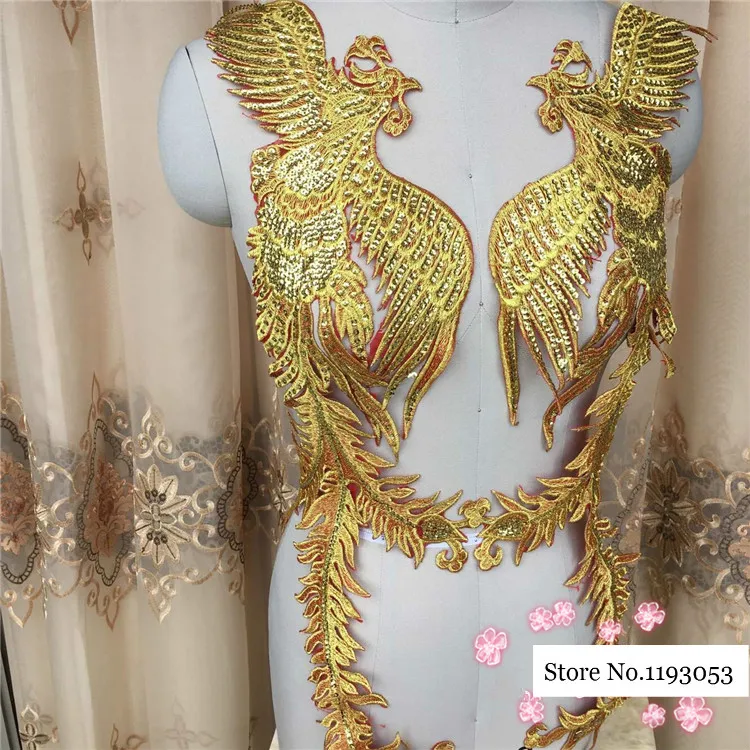 Красный органзы золотой нитью Феникс Перо хвоста вышивка ткань с кружевной