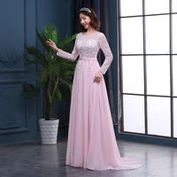 pink long sleeve chiffon prom dresses vestido de festa o neck sexy long formal evening with appliques beaded 2020 in stock
