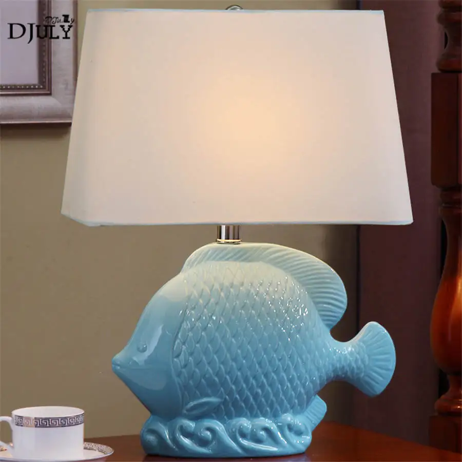 Средиземноморская керамика Синяя Рыбка Ткань Настольная лампа для спальни