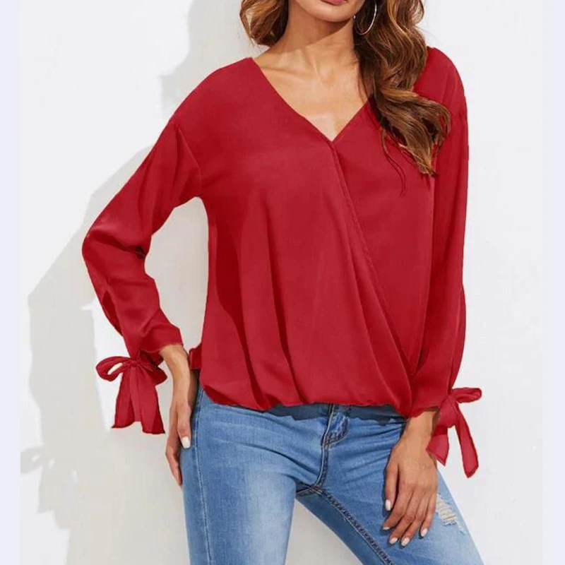 2019 Spring Women Tops Korean Fashion Womens Clothing Cuff Bow Decoration Sexy Casual Blouse Shirt |