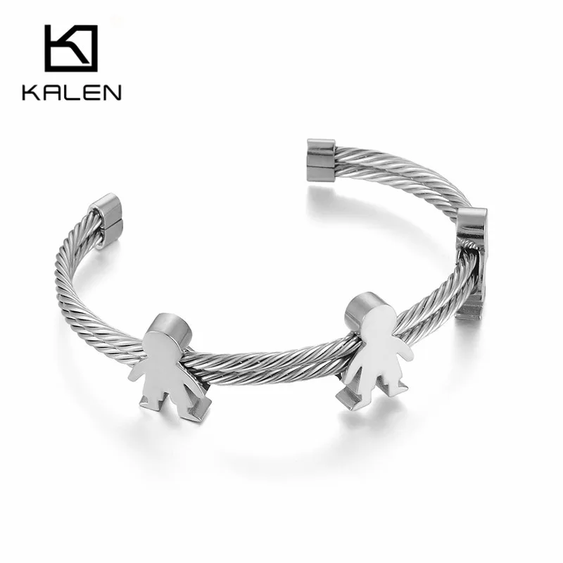 KALEN, нержавеющая сталь, Италия, золотые браслеты-манжеты для женщин, три мультяшных шарма для девочек и мальчиков, браслет, ювелирное изделие, два звеньев, браслеты - Окраска металла: 3 silver boys cuff