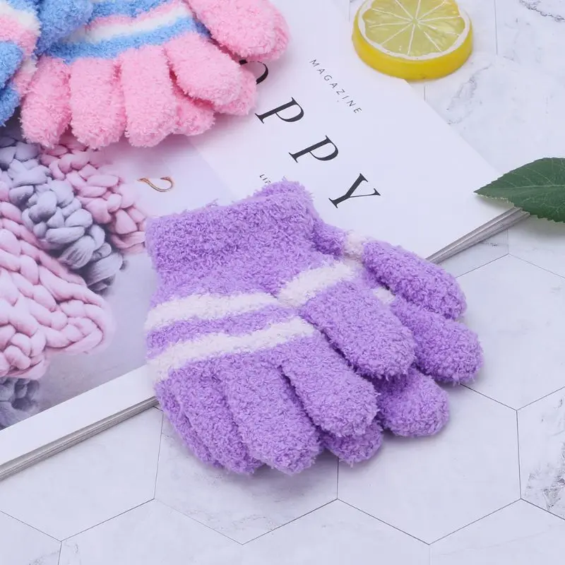 Baby Gloves Warm Winter Full Finger Thermal Coral Fleece Kids Colorful Stripe Soft Elastic Solid Color Mittens | Детская одежда и