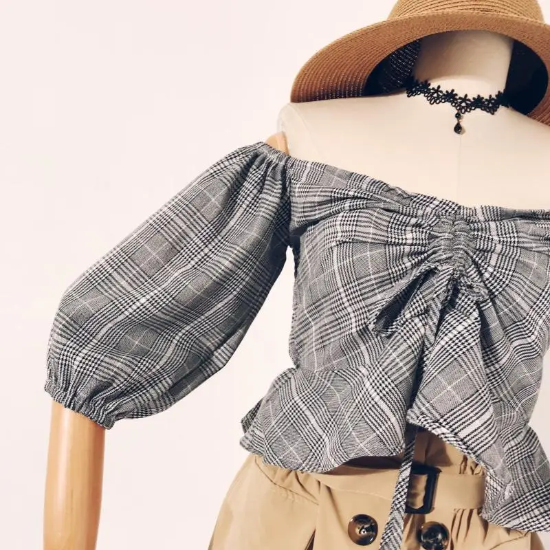 2018 новые модные женские blusas Осень ретро плед slash шеи короткий блузка рубашка