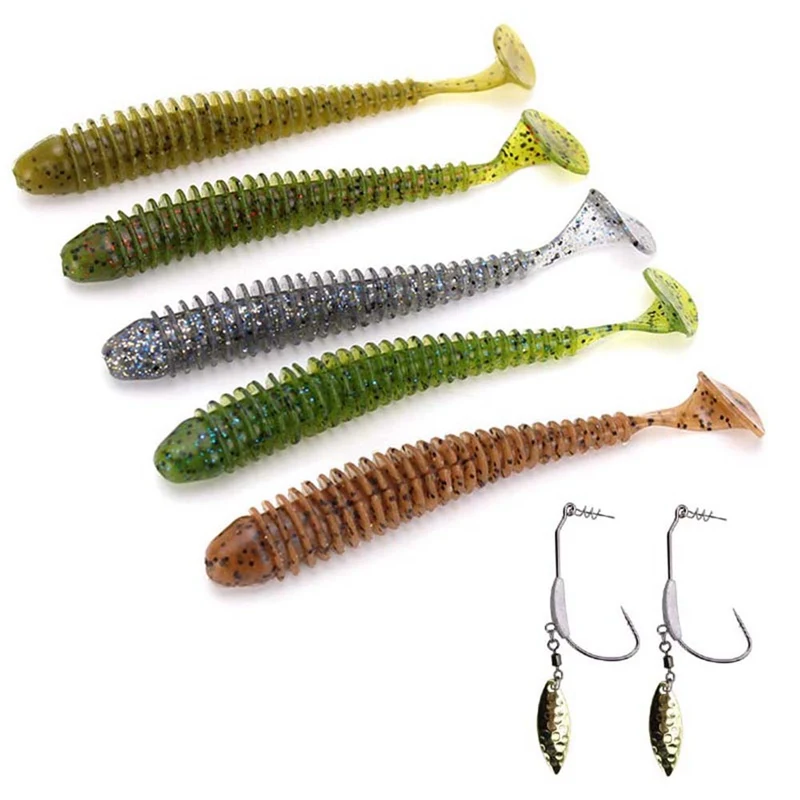 Artificial Bait Jig Mold Hook Box Set T Shape Tail False Worm Soft Lure Fishing Accessories 5 pcs fishing bait + 2 pc hook | Спорт и