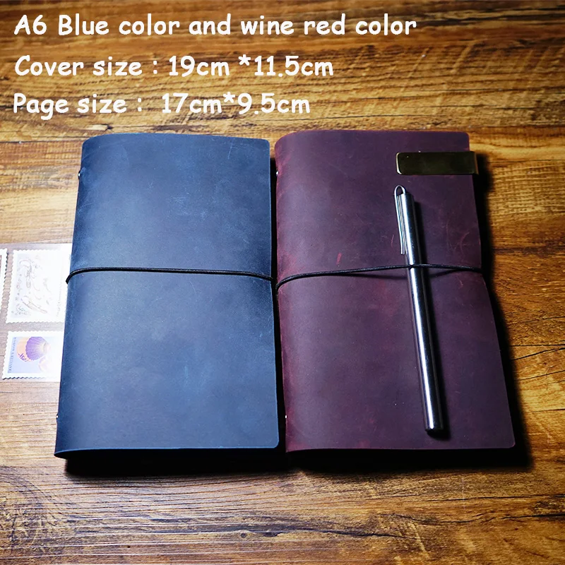 Hatimry A6 size vintage leather  travelers journal notebook Blue and Wine red color loose-leaf 100 sheets paper school supplies