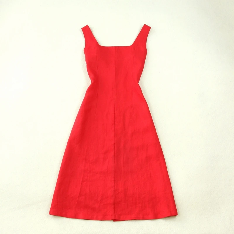На заказ льняное праздничное Ретро Талия длинное красное платье без рукавов