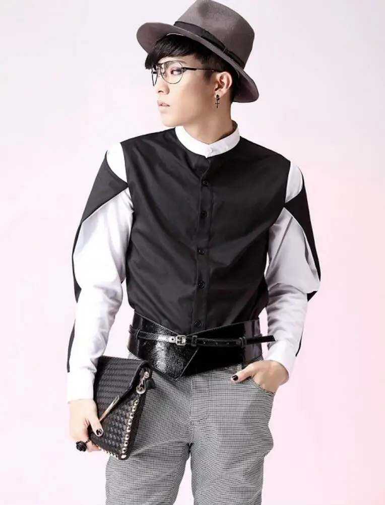 S-5XL ! 2016 Men's clothing new fashion color block shirt decoration personalized batwing sleeve plus size singer costumes | Мужская