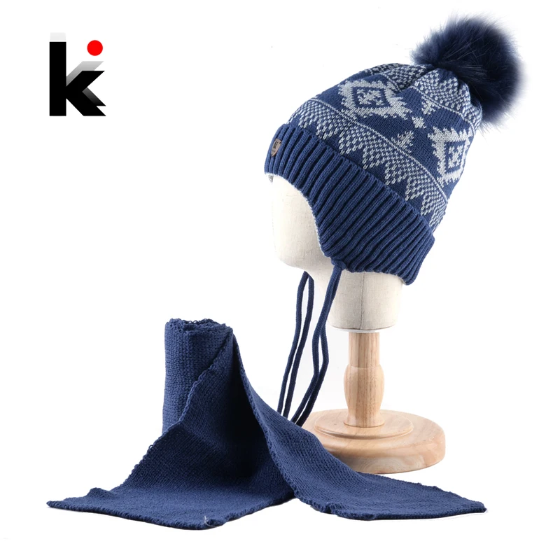 K Brand Winter Hat And Scarf Children Knitted Thick Beanie With Faux Fur Pompom Kids Warm Ear Flap Cap Boys Girls Lovely Hat Set