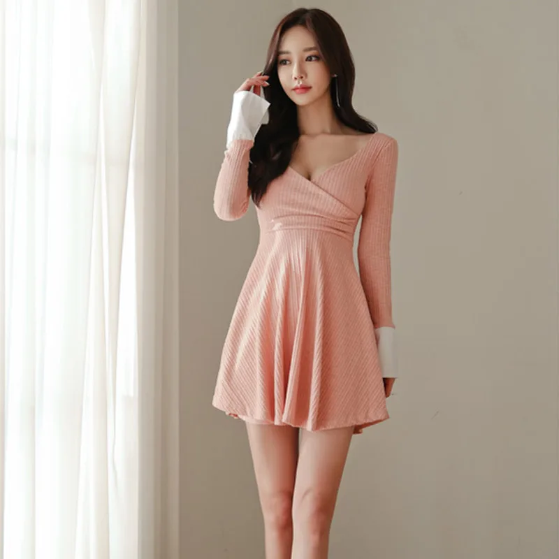 Sexy Deep V-neck Hit Color Women Dress Elegant Slim Waist A-line Patchwork Knitted Female Short 2019 Spring Summer | Женская одежда