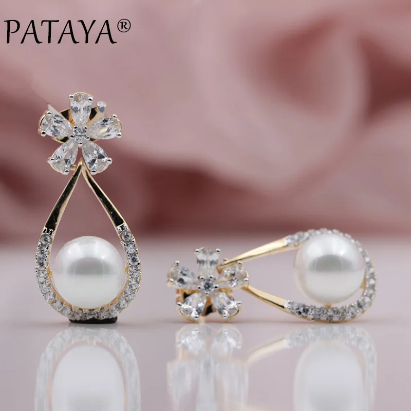 PATAYA, Новое поступление, микро-воск, инкрустация, капля воды, натуральный циркон, раковина, жемчуг, серьги-гвоздики, для женщин, для свадьбы, вечеринки, цветок, хорошее ювелирное изделие