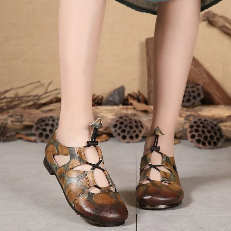 Женские кожаные туфли на плоской подошве с круглым носком в стиле ретро