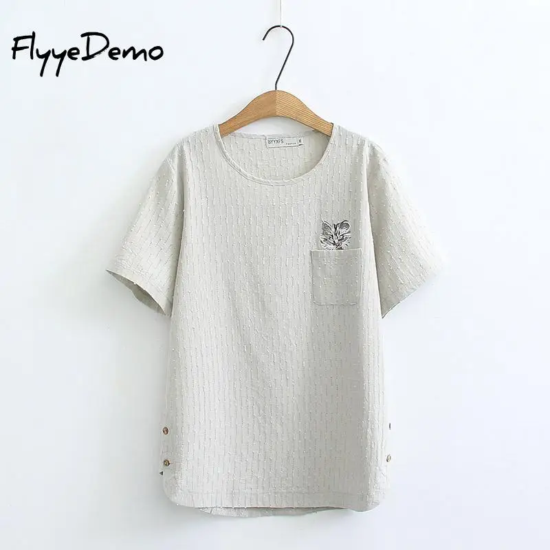 6XL размера плюс, новинка, летняя женская мода, Kawaii, вышивка, кот, топы, для девушек, для женщин, большой, короткий рукав, хлопок, лён, футболка