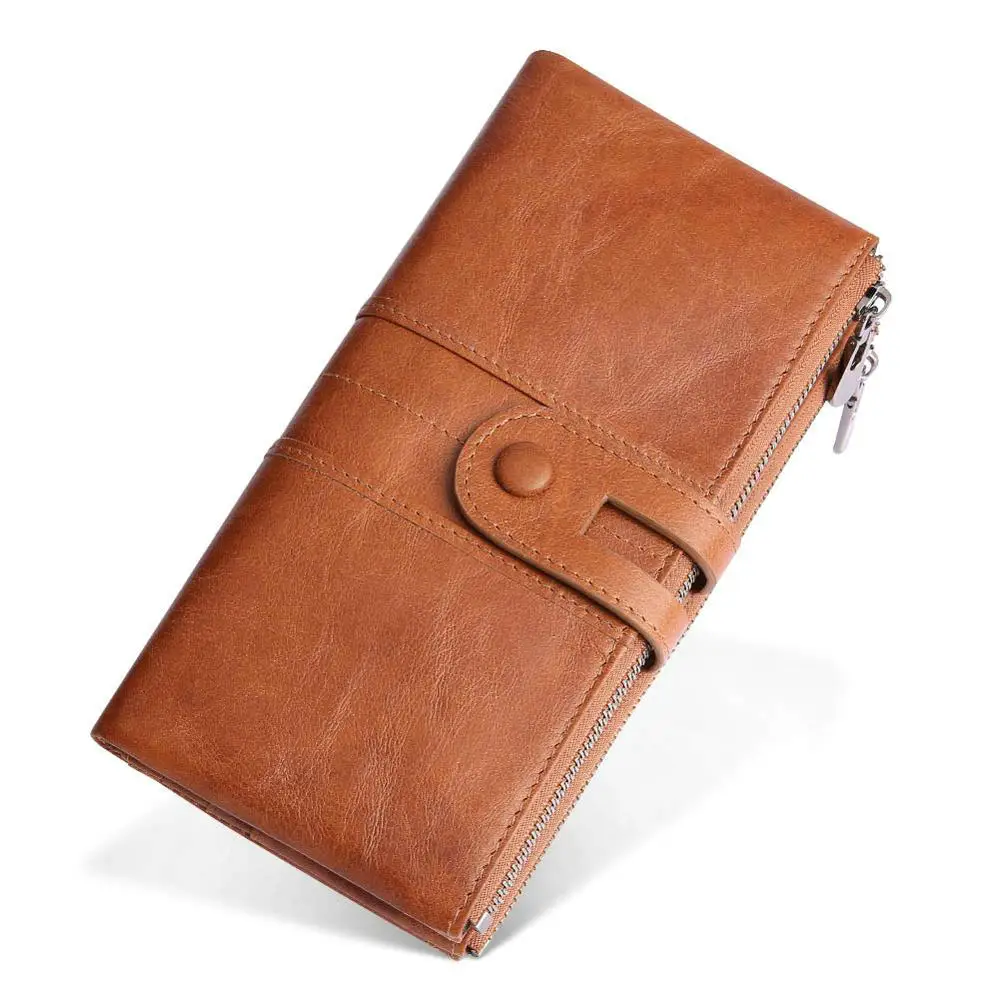 Brown Wallet Модные женские кошельки-клатчи из натуральной кожи с RFID, Мужской Женский Длинный кошелек на молнии, кошелек для монет, мужской женский кошелек для денег и телефона - Цвет: Brown Wallet