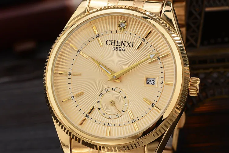 Мужские кварцевые часы Chenxi с золотым календарем и стразами 069A 2018|Кварцевые