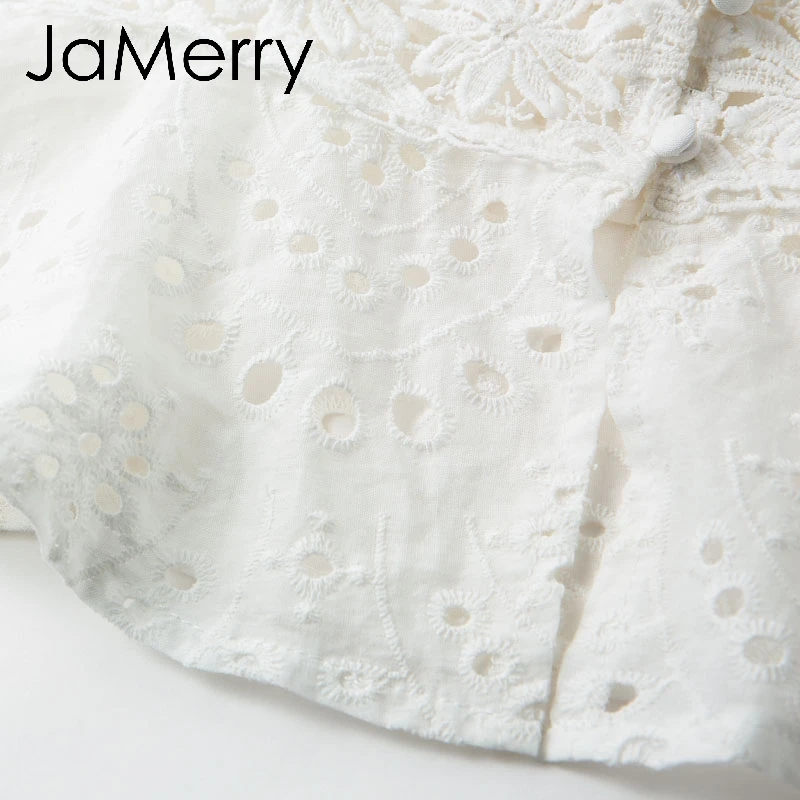 JaMerry Винтаж Белый Вышивка выдалбливают Женщины блузка рубашка Стенд воротник