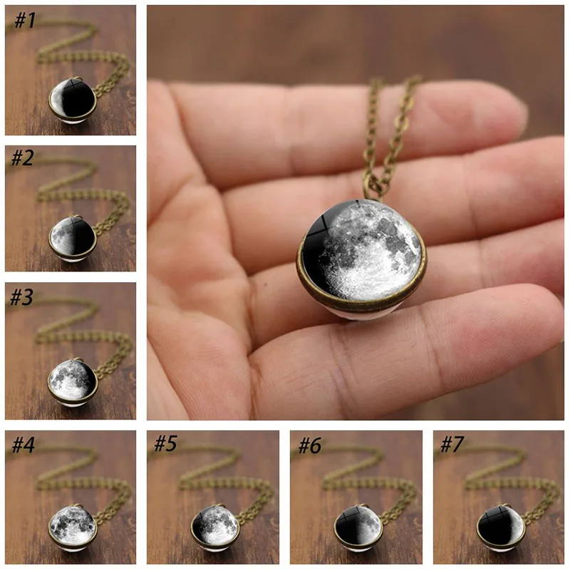 Женское ожерелье с подвеской двустороннее серое на всю Луну из стекла для фото и