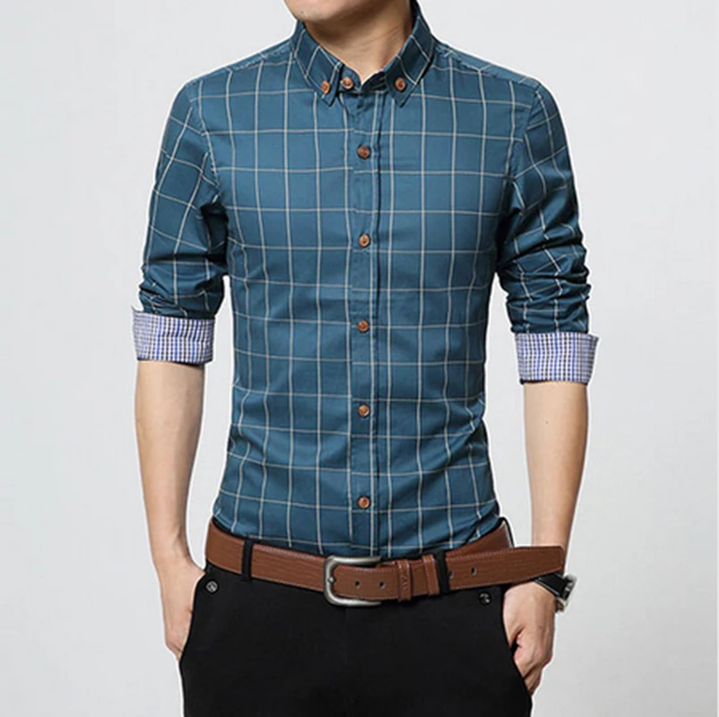 Осень мода бренд мужской одежды Slim Fit Мужская рубашка с длинными рукавами Мужчины