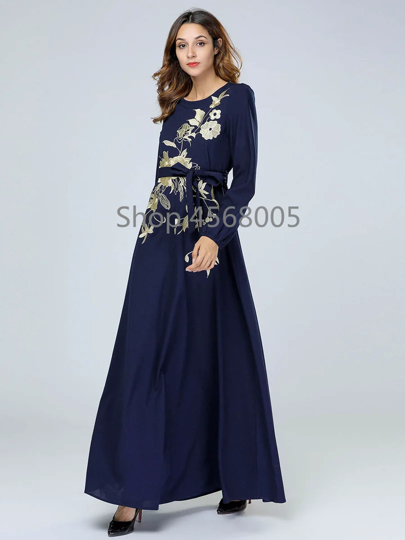 Женская Абая Дубай бинты мусульманское платье Длинные синий плюс размеры халат