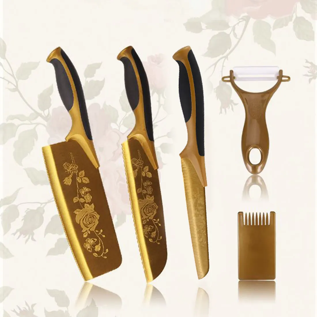 Новинка 2017 5 шт. золотой титановый Розовый пион с цветочным принтом набор ножей