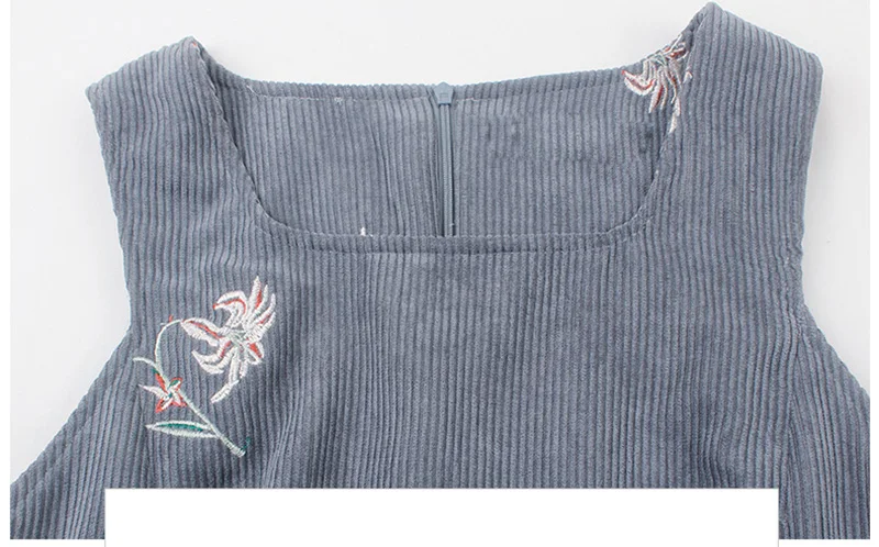 HELIAR Winter Sleeveless Embroidery Corduroy Dress Elegant Women Velvet Dress A-Line Dresses Pocket Grey Vintage Vestidos