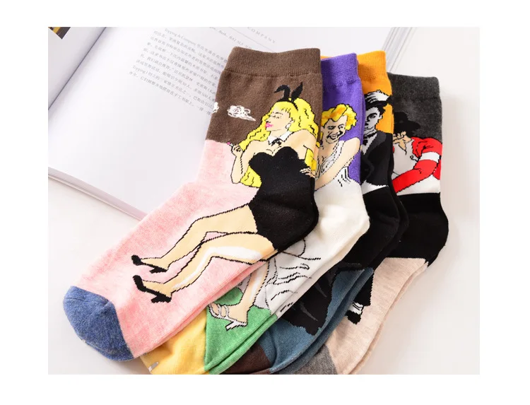 Модная женская Ретро абстрактная картина маслом Мадонна Джексон Чаплин леди носки с кроликами хлопок Crew Рождество Sox Милый Забавный Новинка