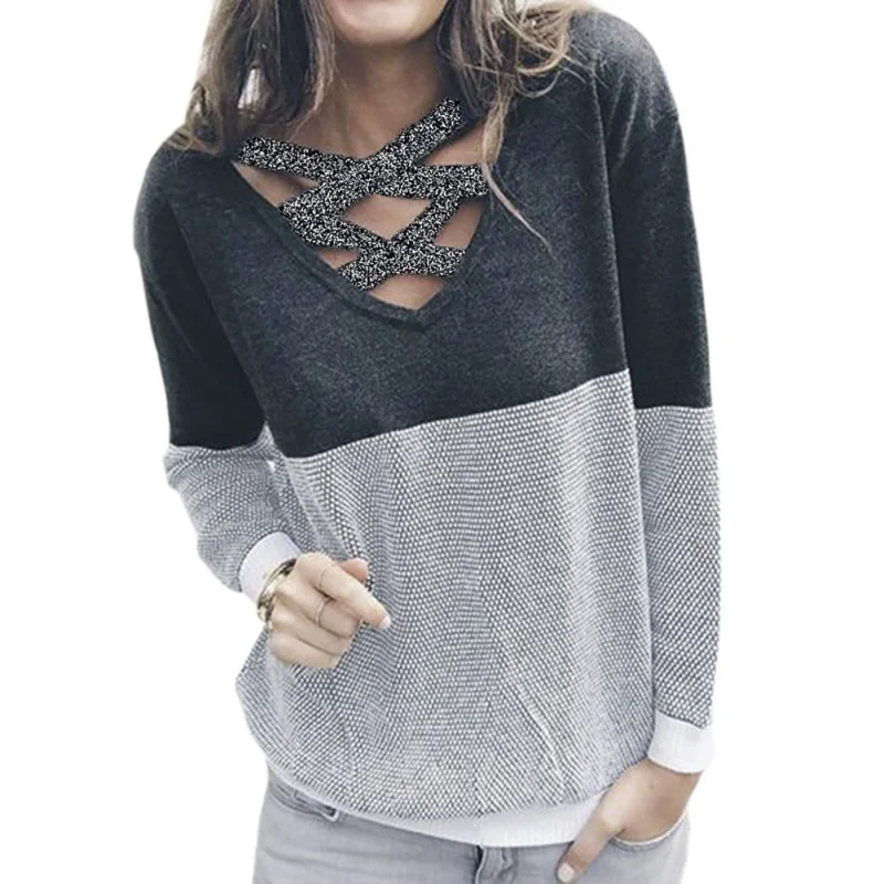 Женский трикотажный свитер в стиле пэчворк пуловер с открытой спиной и длинным