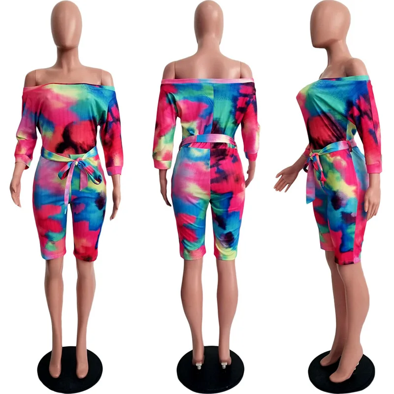 

Echoine Print Gradient Jumpsuit Bandage Bodysuit With Belt Long Sleeve Palysuit Womens Rompers Jumpsuit