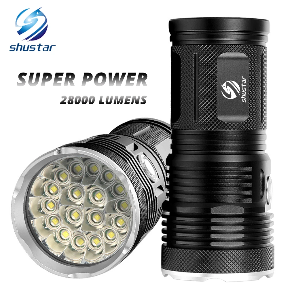 

Powerful LED Flashlight with 18 x T6 LED Lamp bead waterproof searchlight Wide range Use 4 x 18650 battery of lighting