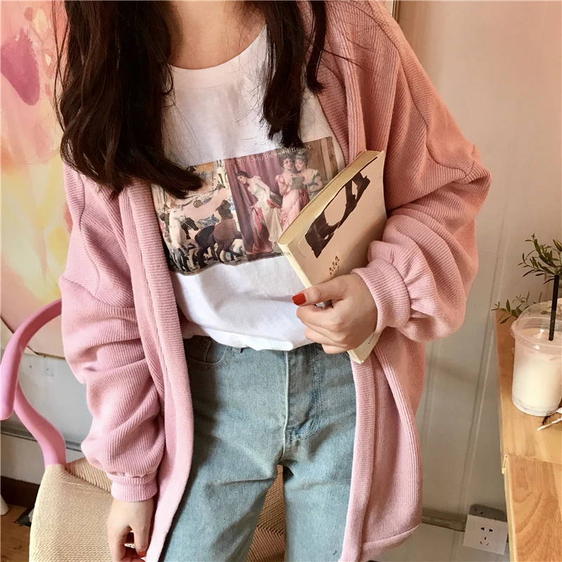 Осень и зима. Универсальные свободные ulzzang Harajuku ветровка BF длинный свитер кардиган пальто толстый женский