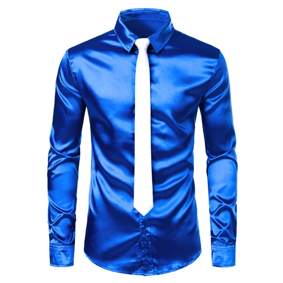 3 Men's Royal Blue Silk Satin Dress Shirts with White Bowtie New Slim Fit Long Sleeve Men Tuxedo Shirt for Party Wedding 3XL - Цвет: 3