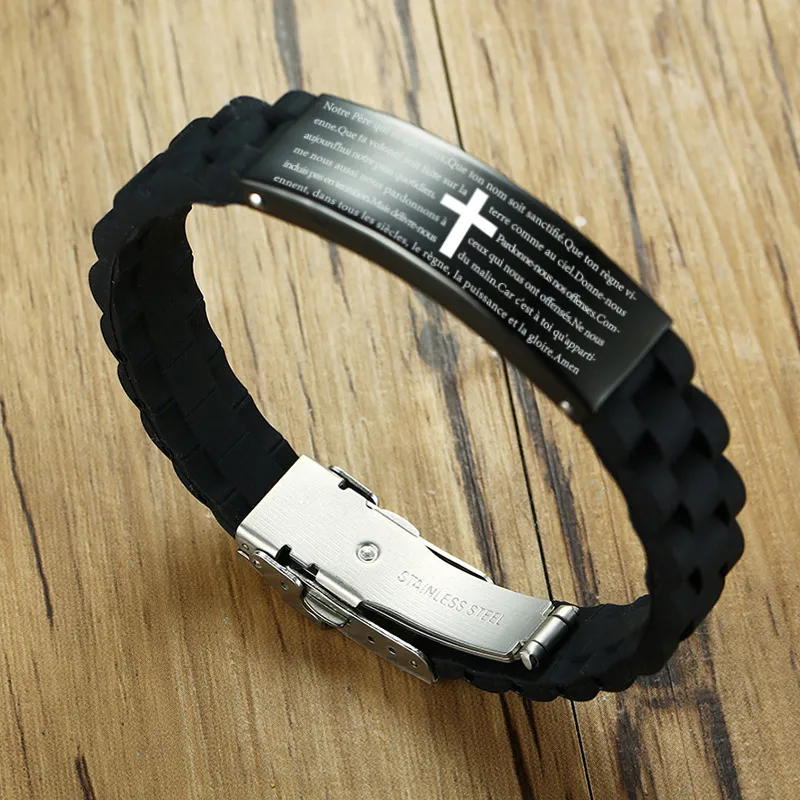 Engraved Christian Lord's Prayer Black Silicone Bracelet Men German French Hebrew Multi Language