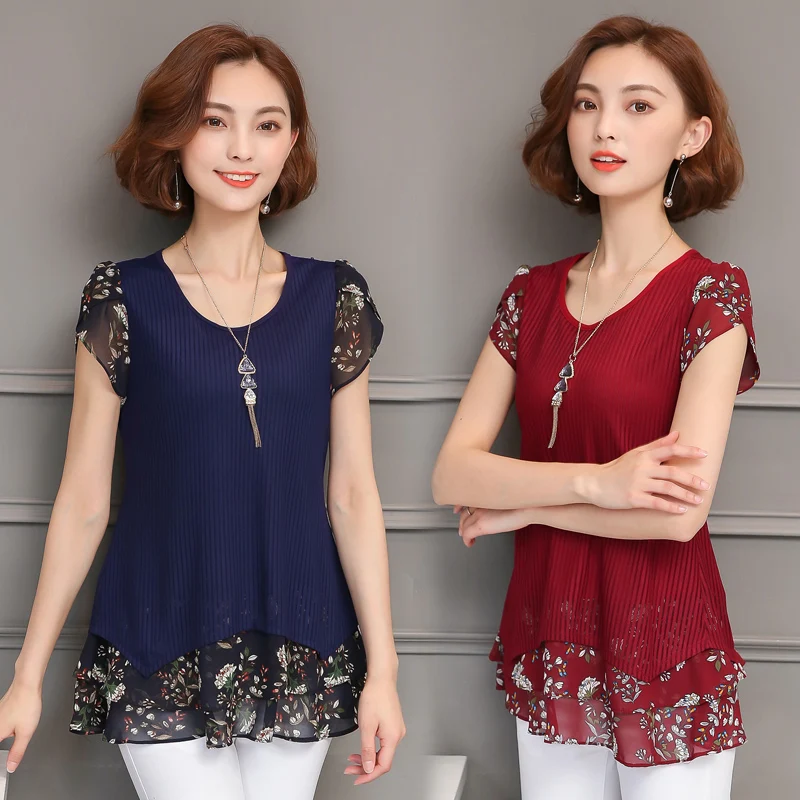 New Summer Women Short Sleeve Blouses Plus Size Korean Fashion O-Neck Chiffon Casual Shirts Print Patchwork Blouse XL-5XL Z20 |