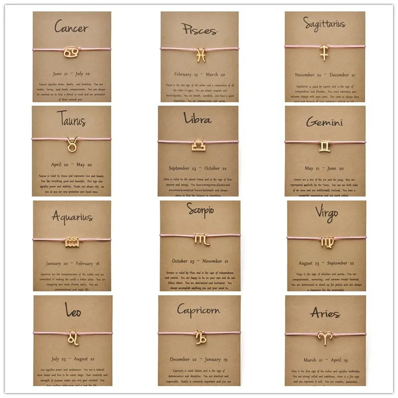 Pink Colors Gold Card Fashion Jewelry 12 Constellations Zodiac Woven Bracelet Bangles For Women | Украшения и аксессуары