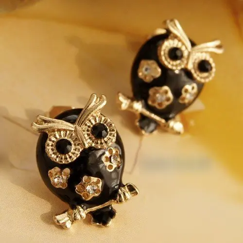 Стильные винтажные серьги гвоздики в богемном стиле с черной совой и кристаллами