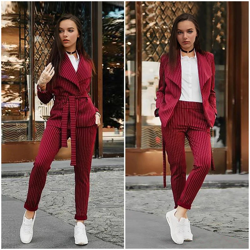 Вина Striped Belted Для женщин костюмы Двойка комплекты 2018 осень-зима элегантный