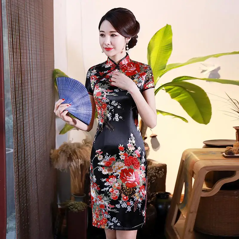 Черный цветочный принт женское короткое тонкое Cheongsam сексуальное китайское традиционное платье с высоким разрезом размера плюс вискоза Qipao Vestidos S-6XL - Цвет: Style I