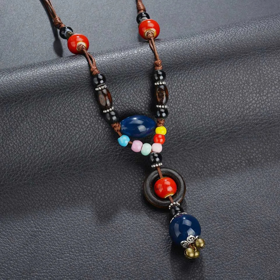 N0065BL Новинка Boho этническое массивное ожерелье на цепочке для женщин Красочные керамические Длинные бусы с кисточкой ожерелье женское Bijoux - Окраска металла: N0065BL