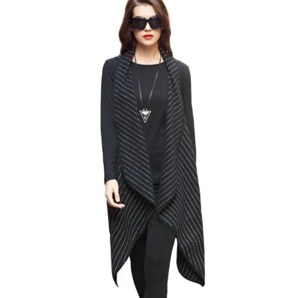 Женская куртка без рукавов в полоску черный серый синий длинный жилет с отложным