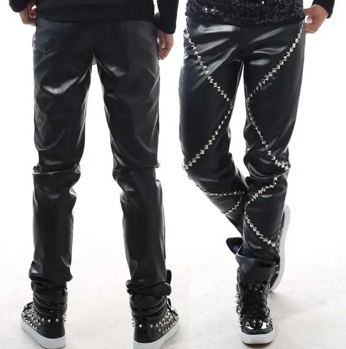 Мужские кожаные брюки султанки с заклепками из ПУ кожи|fashion mens leather pants|mens fashion pantsmen