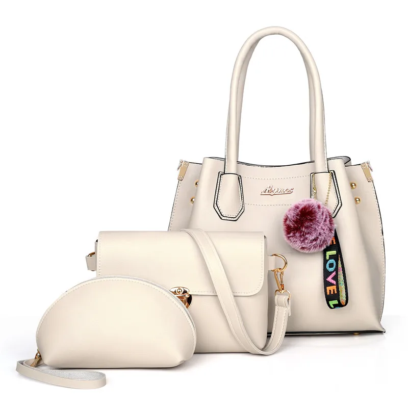 

3pcs Set Bags for lady women 2019 new solid color white pink fashion handbag shoulder crossbody bags for woman Casual tote bags