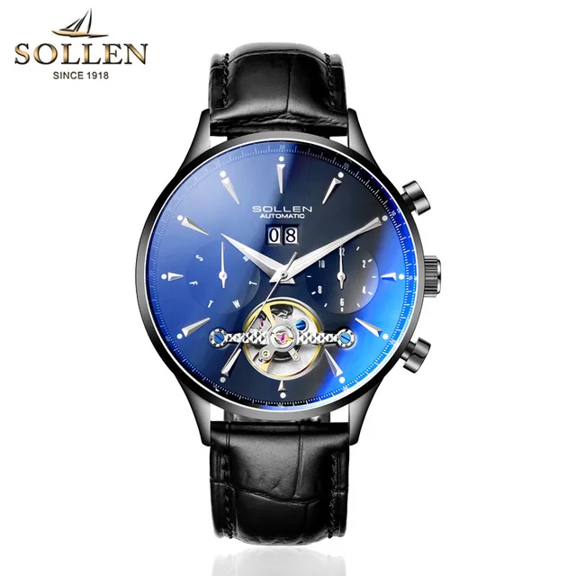 Silver Black SOLLEN синий океан геометрический дизайн Турбийон Скелет циферблат Мужские часы лучший бренд класса люкс автоматические Модные механические часы - Цвет: Silver Black