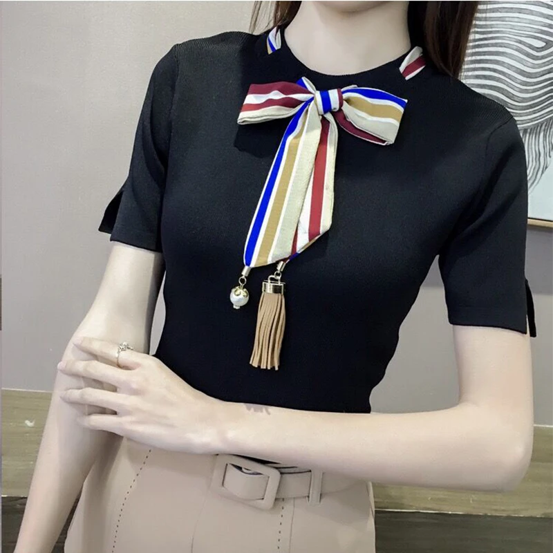 Pantalon лук жемчуг футболка для женщин тонкий вязаный короткий рукав Бисероплетение Ленты повседневные топы лето леди эластичный хлопок Топ тройник