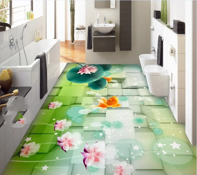 

[Self-Adhesive] 3D Goldfish Lotus Cube 6 Non-slip Waterproof Photo Self-Adhesive Floor Mural Sticker WallPaper Murals Print
