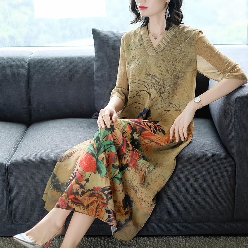 Особенности платье в китайском стиле с принтом павлина шифоновое свободное