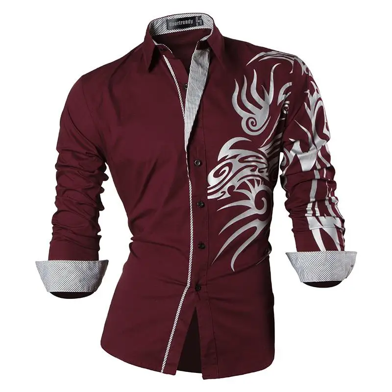JZS043-WineRed Sportrendy Мужская рубашка платье повседневное с длинным рукавом Slim Fit Мода Дракон стильный JZS041 - Цвет: JZS043-WineRed