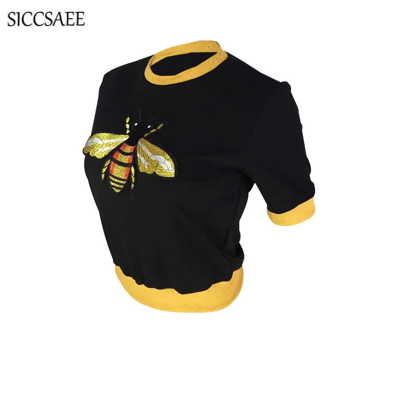 Трикотажная футболка с вышитой Пчелой, короткий рукав, повседневная, ropa mujer, Blusas, графические футболки для женщин, Корейская Прозрачная Футболка, милый пуловер