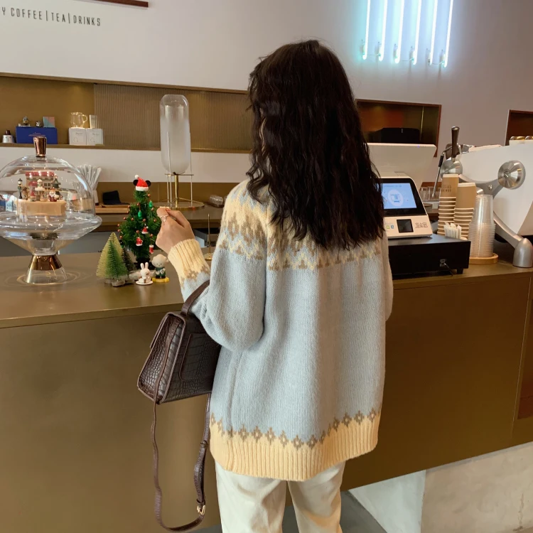 Harajuku зимний модный винтажный Женский пуловер с геометрическим принтом и круглым вырезом, Свободный вязаный женский свитер большого размера с длинным рукавом