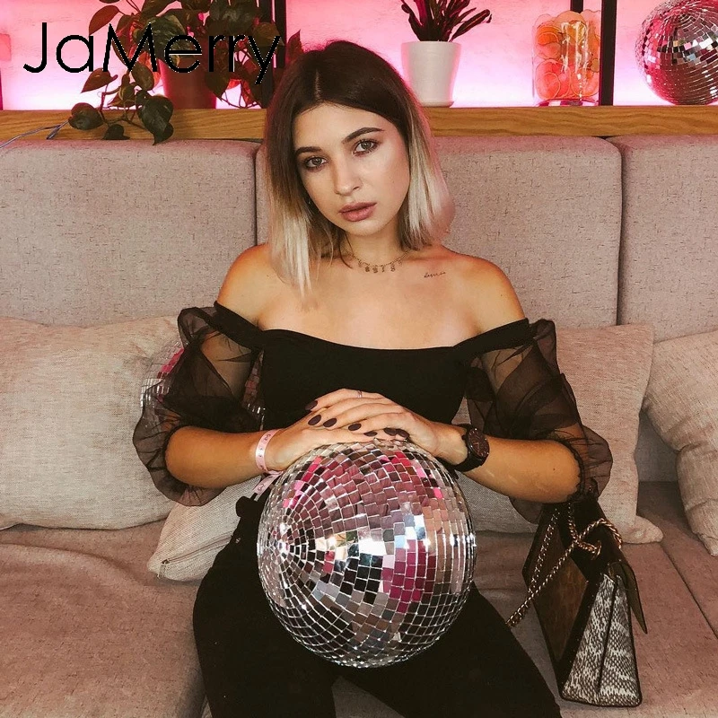 JaMerry Винтаж Сексуальная черная сетка Длинные рукава Женщины боди кружева