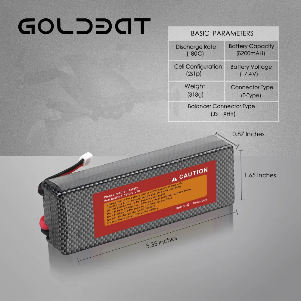 

2unit GOLDBAT 6200mAh Lipo Battery for RC Car Battery Lipo 7.4V Lipo 2s 80C With Deans Plug For RC Car Truck Helicopter Traxxas
